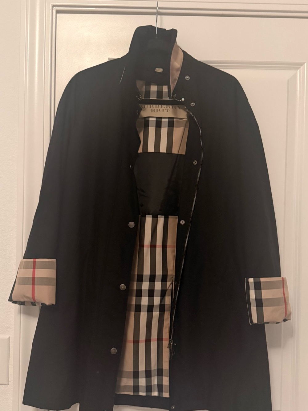Burberry Brit Black Trench Coat with Classic Nova Check Cuffs and Lining